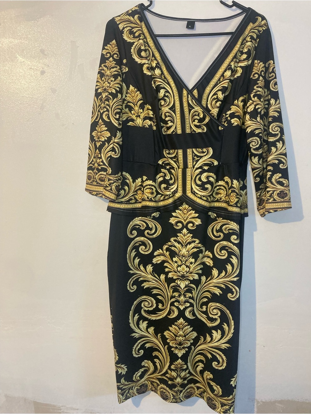 Black & Gold Baroque Wrap Dress - Elegant Women’s Dress